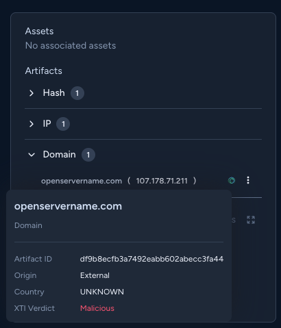 This screenshot from Cortex UI shows the indicators listed under Artifacts in Overview view of a case.