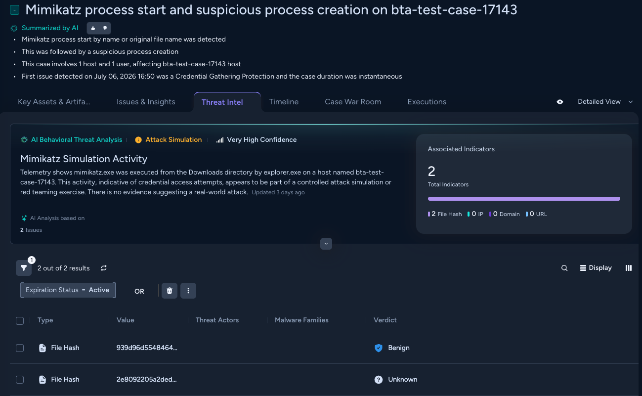 This screenshot from Cortex UI shows a case that BTA determined to be an attack simulation.