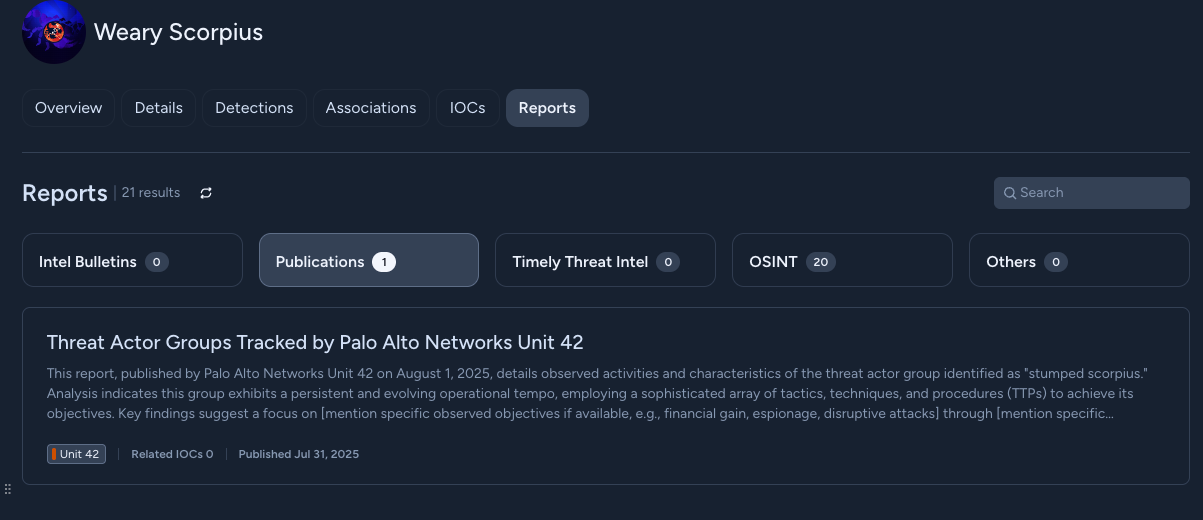 This screenshot from Cortex UI shows the page listing reports for a specific threat object.