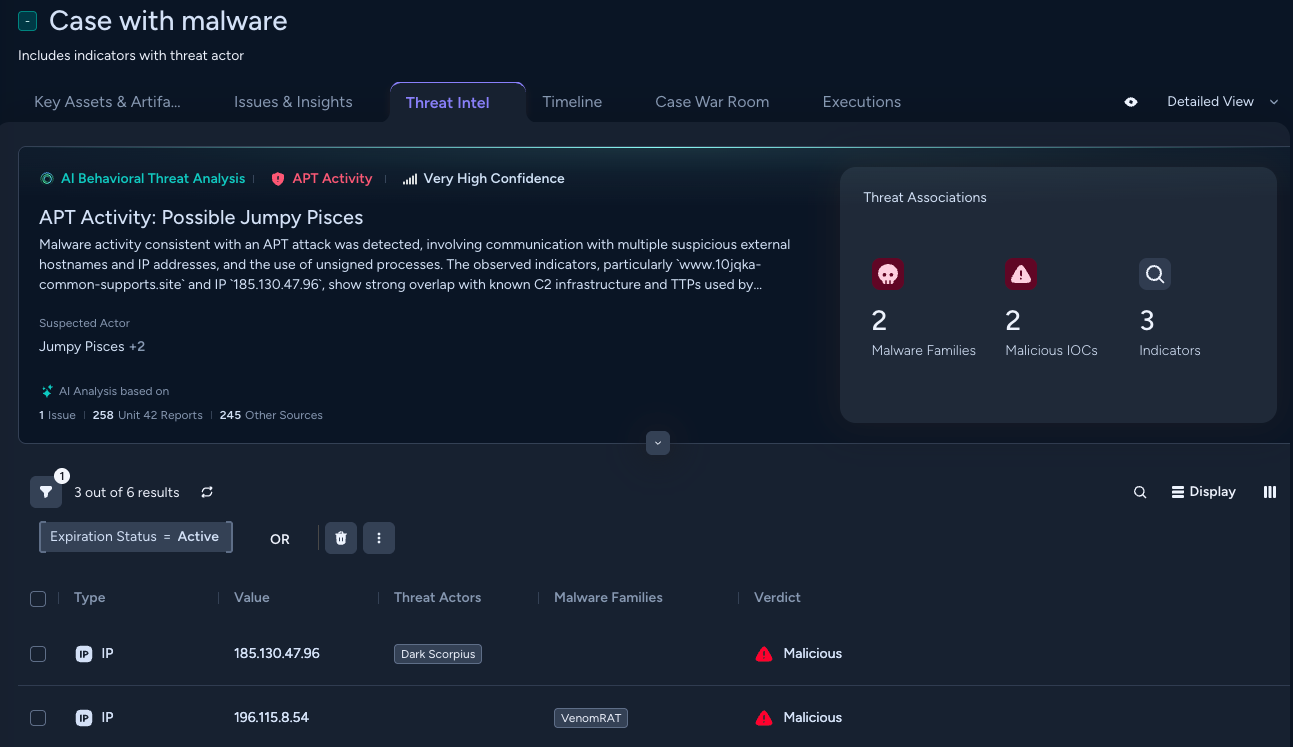 This screenshot from Cortex UI shows a case that BTA determined to be an APT activity.